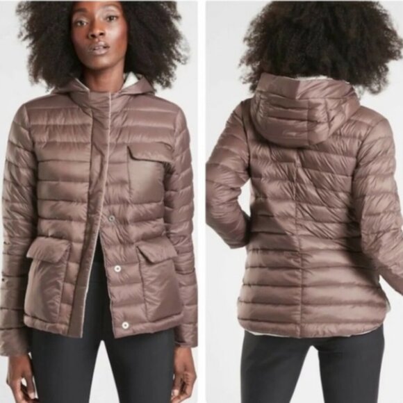 Athleta Pulse Reversible Down Jacket 800-Fill Responsible Down Taupe/White - Picture 1 of 14